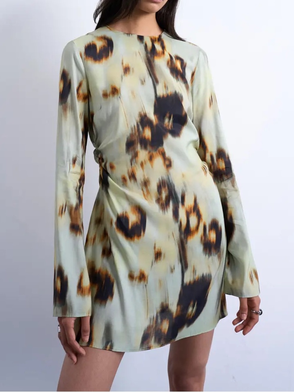 Topshop waisted long sleeve mini dress in blur print